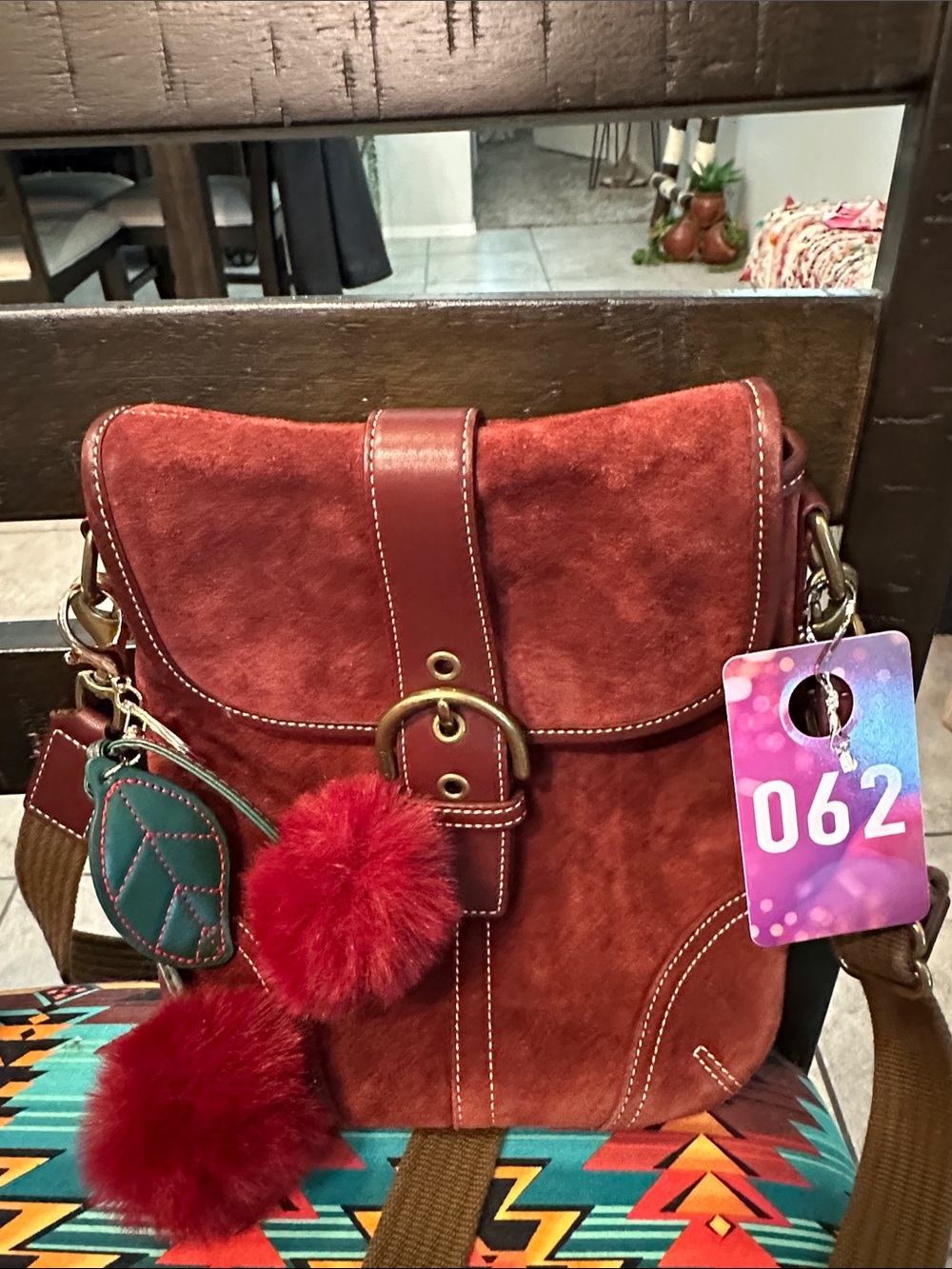 Coach #062  SoHo Burgundy Suede Crossbody with Leather Trim and Gold Buckle